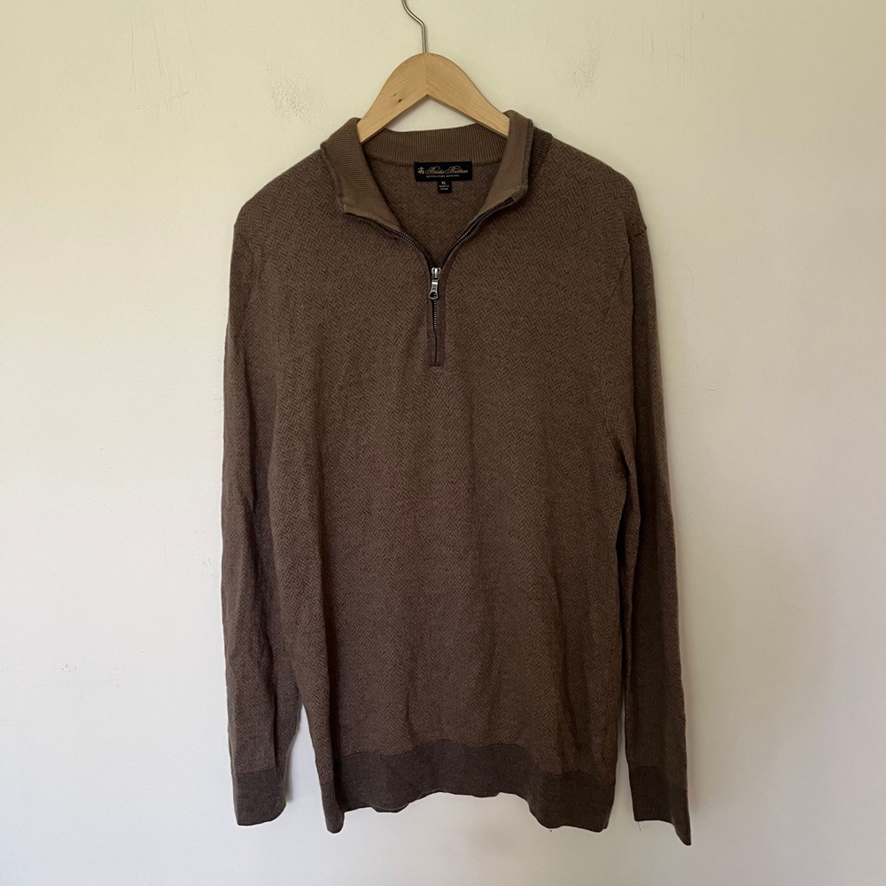 Brooks Brothers Extra Fine Merino Wool Brown Herringbone Quarter Zip Sweater XL